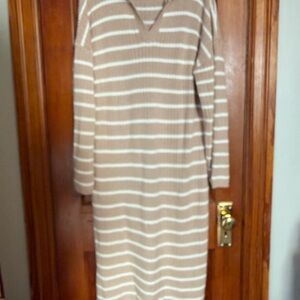Tan & White Striped Knit Maxi Long Sleeve Dress Size XL